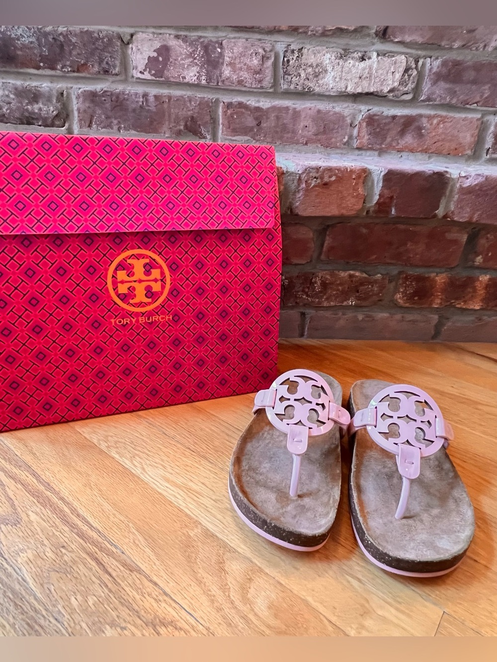 Tory Burch Petunia Pink Patent Leather Miller Cloud Soft Sandals